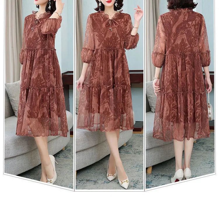 Summer New Casual Half Sleeve Midi Dress Vintage Printed Women's Clothing Ruffles Spliced Stylish Drawstring Loose Gauze Dresses