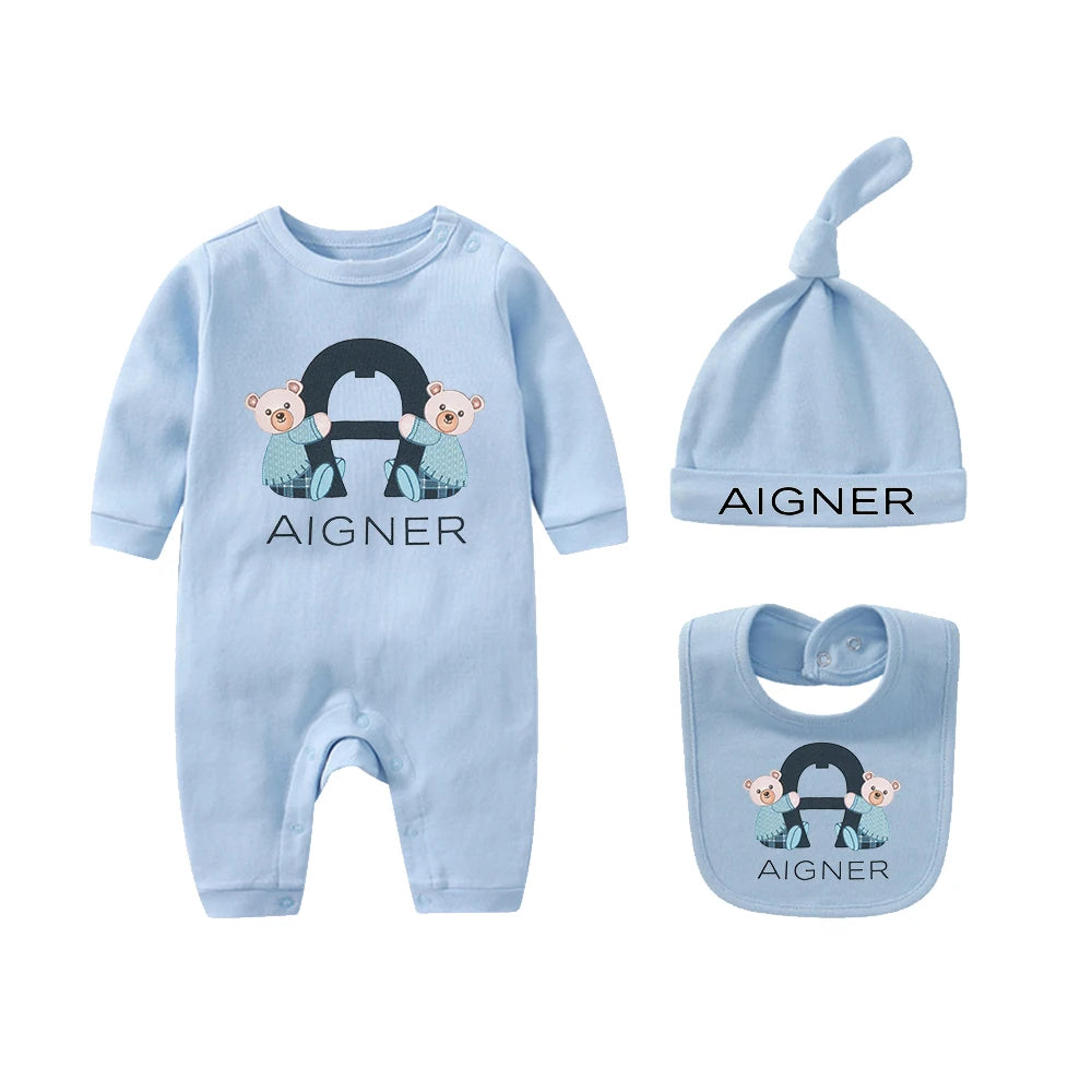 Popular bear jumpsuit, newborn autumn clothing hot selling, soft bib scarf hat, toddler jumpsuit set, baby long sleeved jumpsuit