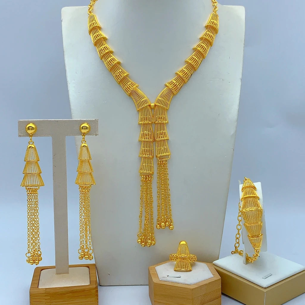 Ethiopian 24K Gold Color Jewelry Set For Women Bridal Nigerian Dubai Big Necklace Bracelet Earring Ring Sets Party Gift