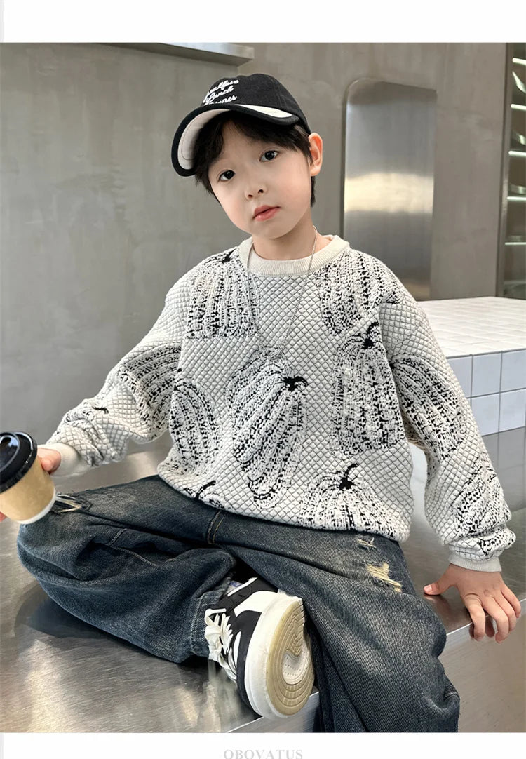 Children Halloween Pumpkin Sweater For Boys Fancy Knitted Outfit Clothing Kids Elegant Pullover Knitwear For Teenagers Age 5-14T