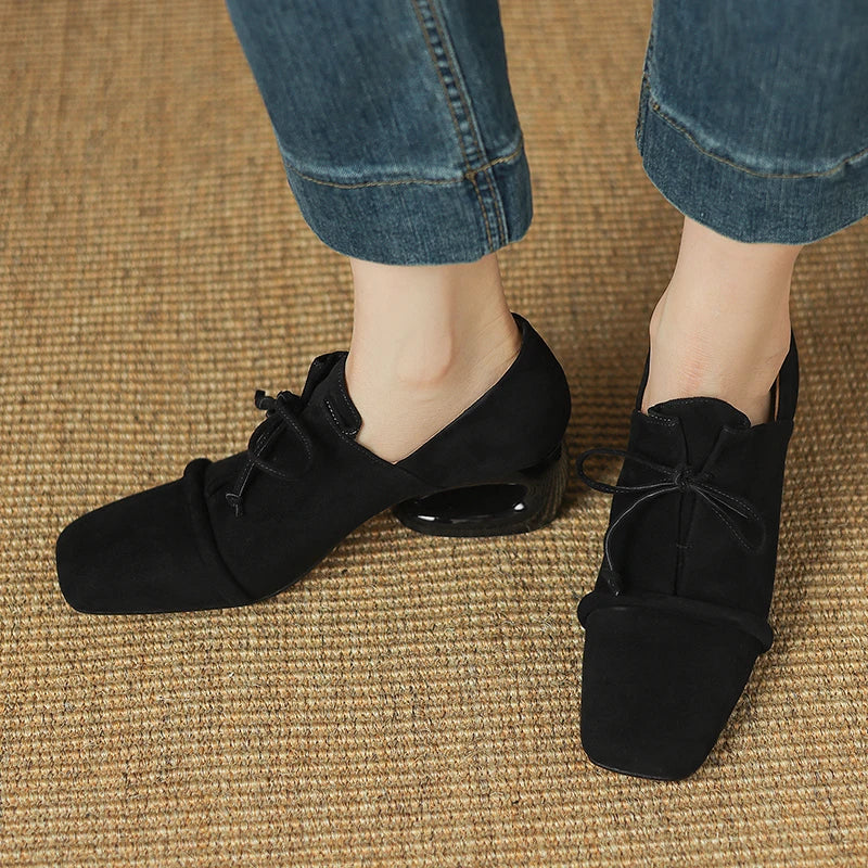 2025 New Women Pumps Sheep Suede Leather Shoes for Square Toe Low Heel Shoes Casual Lace-up Handmade Shoes 34-42 Women Heels