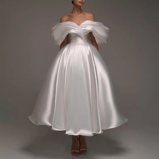 Simple Teal Length Off Shoulder Wedding Dresses Vestidos Novia Satin Ball Gown For Bride Pleated Puffy Bridal Gown For Women