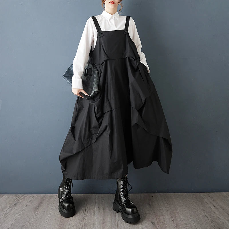 2025 Spring Autumn New Black Vintage Straps Dresses For Women Sleeveless Pleated Loose Casual Dress Robe Elegant Fashion Clothes