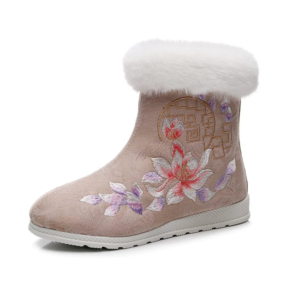 Winter Fashion Shoes Embroidered Fur Boots For Woman Bota Ancient Costume Botines Para Mujeres Hanfu Women's Boots Botas Mujer