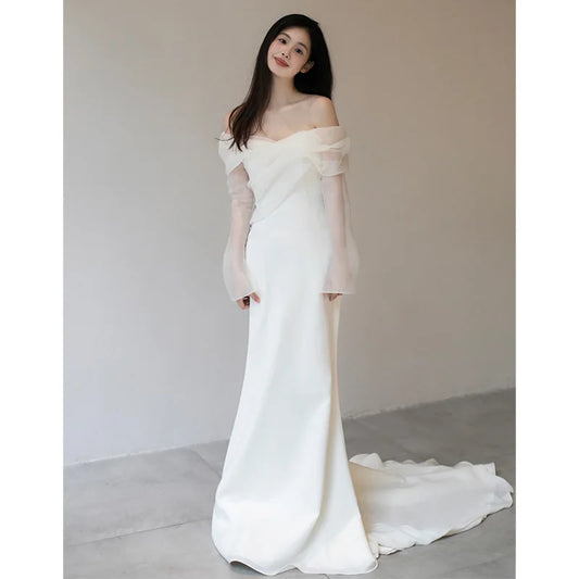 2026 Summer New One Shoulder Satin Light Wedding Dress French Travel Photography Bridal Temperament Simple and Slim Fit Dress