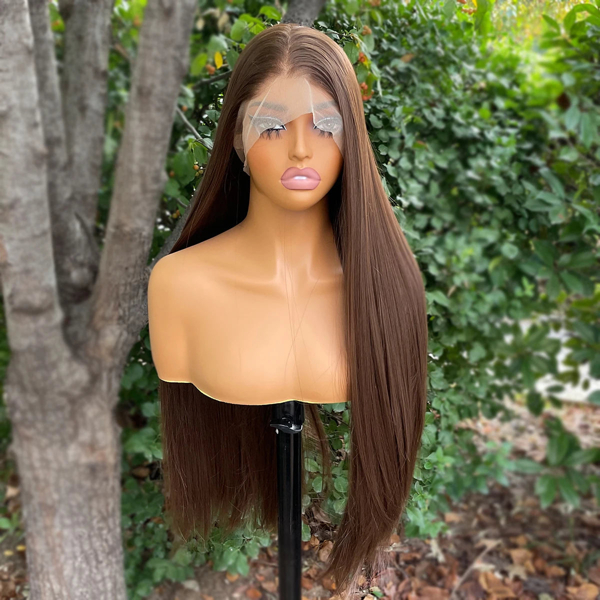 Natural Brown Synthetic Hair Full Lace Wigs for Black Women Heat Resistant 26 Inch Long Straight Full Hand Tied Free Part 150%