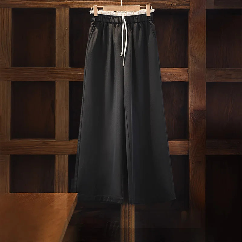 Maden Women's Wide Leg Patchwork Pants Black Elastic Waist with Drawstring Trousers Breathable Office Dress Pants for Summer