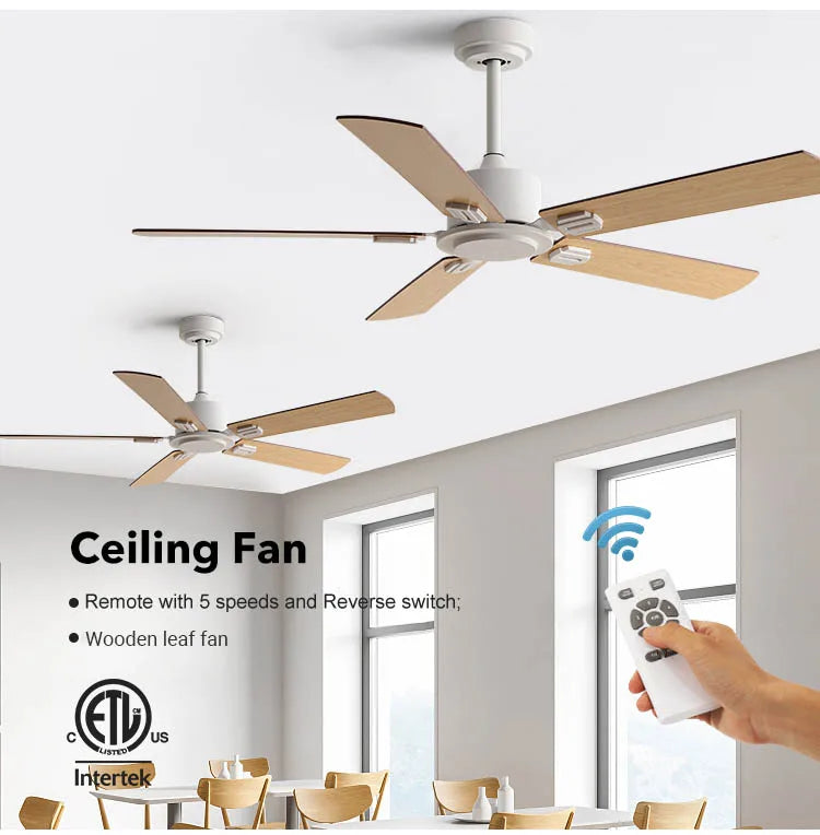 Large Ceiling Fan 52 Inch 5 Wood-Style Blades DC Mo tor Remote Control Quiet Running Fan for Living Room
