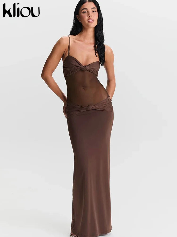 kliou Mesh Suspendency Women Maxi Dress Sexy See Through Tied Patchwork Low Neck Backless Bodycon Female Fashion Party Vestidos