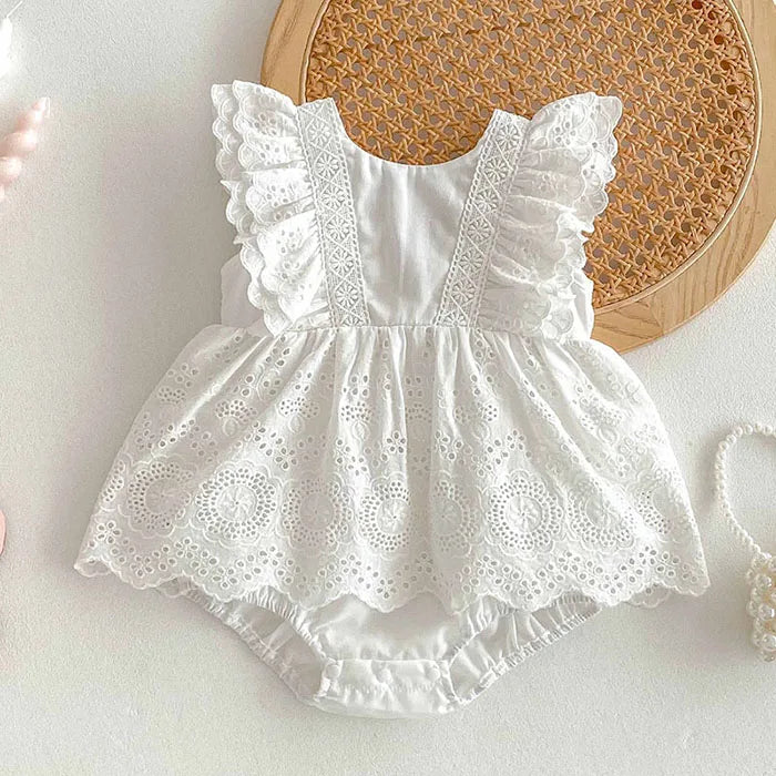 2025 New Summer Korean Style Climbing Suit Flying Sleeve Cotton Lace Splicing Toddler Baby Girls Jumpsuit 0-24M Baby Clothing