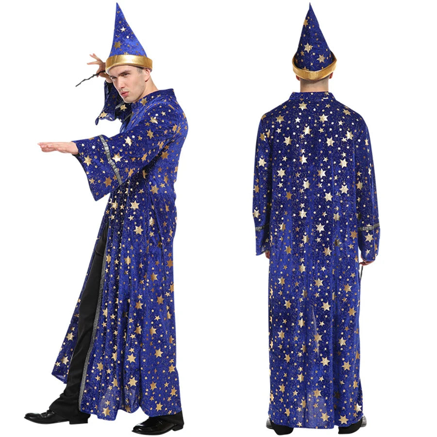 Halloween Wizard Set Includes Hat, Robe, Cloak, Magician Costume, Unisex Cloak, Vampire Costume, Blue Star and Moon Magic Magici