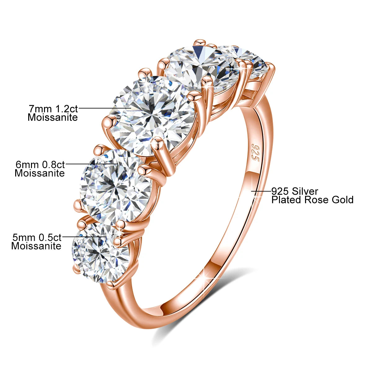 18k Plated 3.8CTW Genuine Moissanite Rings for Women 5 Stones Sparkling Bridal Wedding Jewelry 925 Sterling Silver Ring