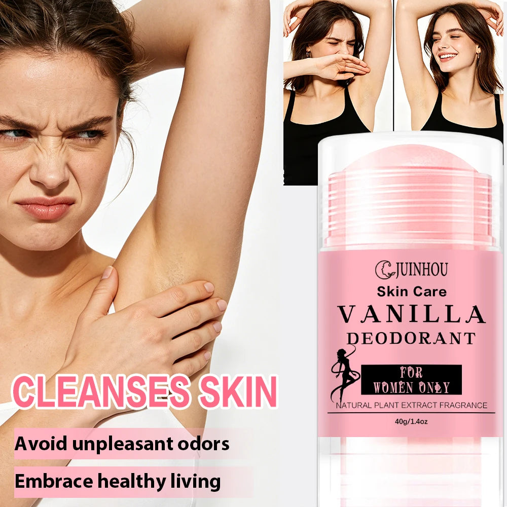 JUINHOU 40g Solid Deodorant Stick Vanilla Aroma Plant Based Mild Formula Portable Odor Control Stick Smooth Skin For Men Women
