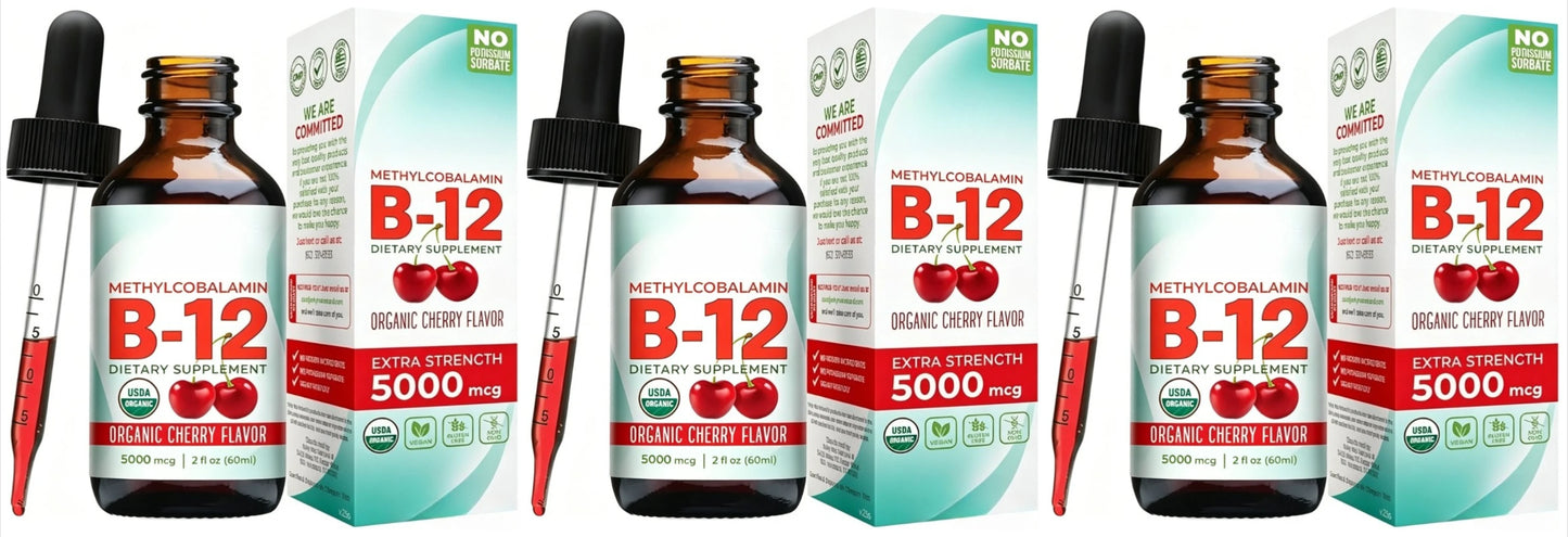Methylcobalamin B12 5000mcg Daily Energy Vitality Support Organic Cherry Flavor Liquid Drops 60ml