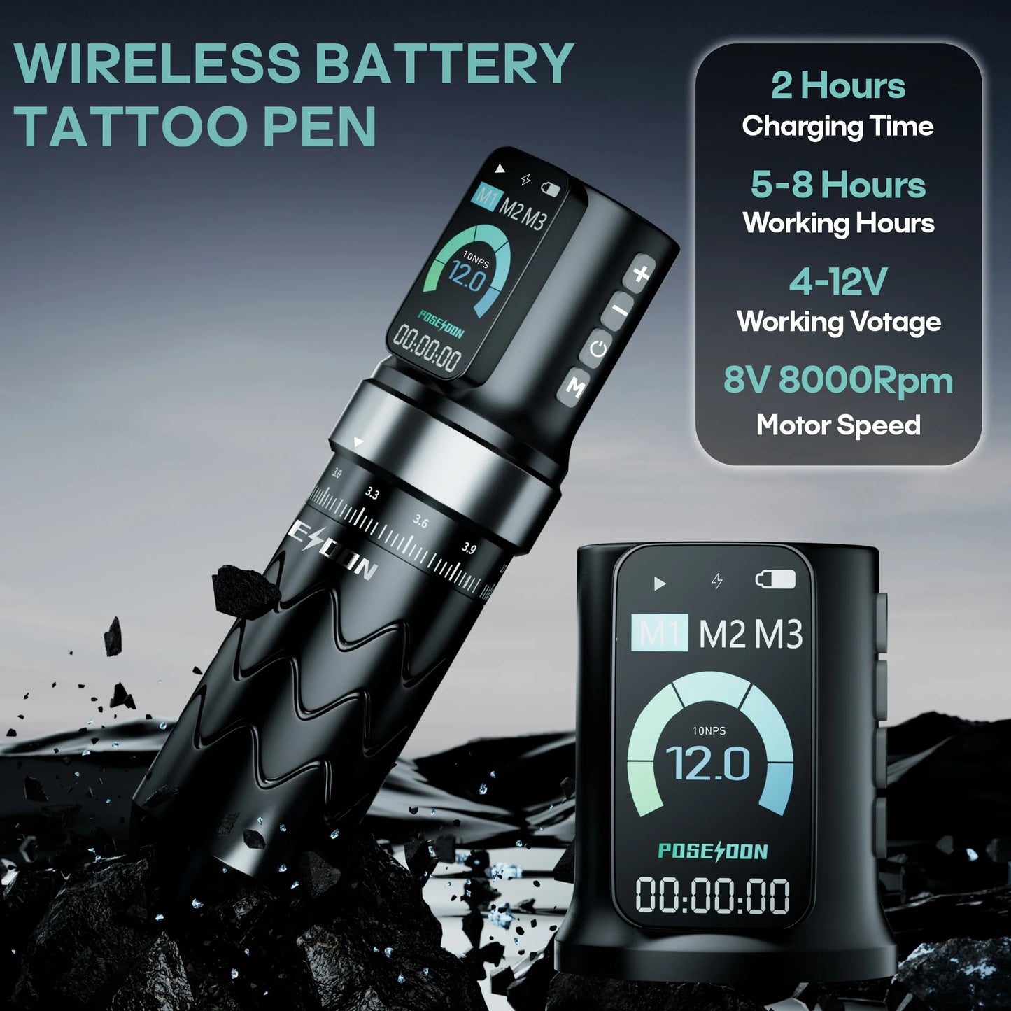 POSEIDON Adjustable Stroke Tattoo Machine Wirless Tattoo Pen With Powerful Custom Motor For Professional Tattoo Artist