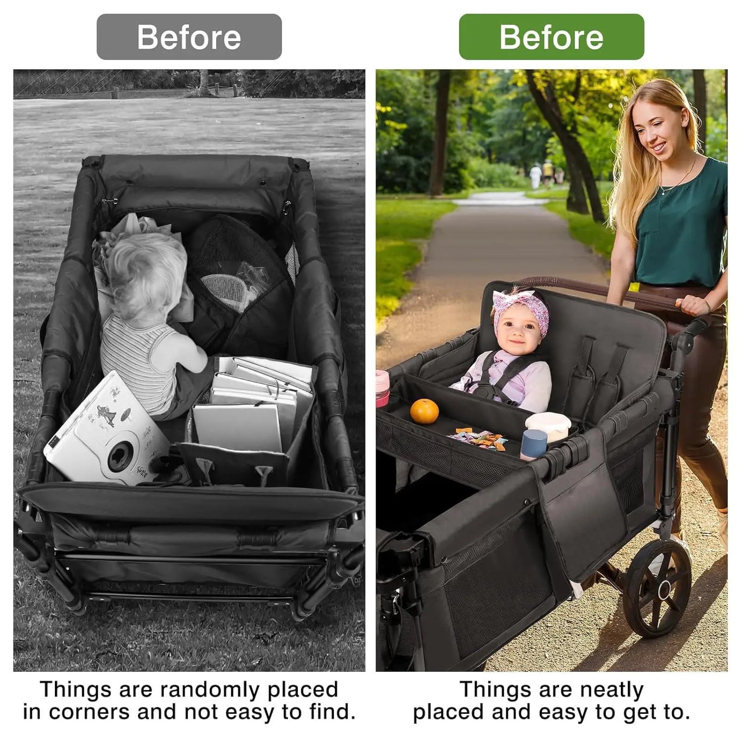 Double Sided Stroller Tray for Snacks & Activities Featuring Faux Leather Side for Eating, Polyester Side for Activities