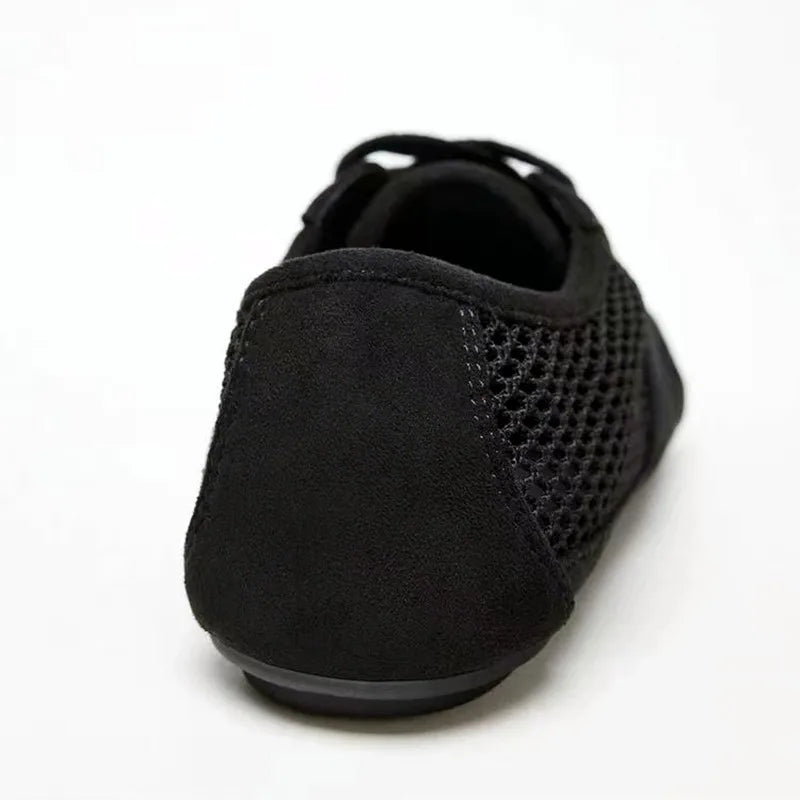 Mesh Breathable Lacing Flat Sneakers Women Lightweight Hollow Derby Sports Shoes Summer Autumn Running Shoes Cozy Ballet Flats