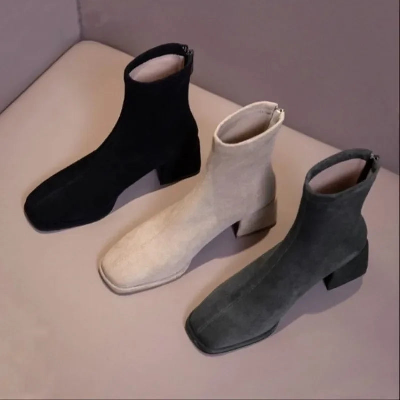 2023 Autumn/Winter New Square Headed Suede Short Boots Women's Boot with Thick Heels and Mid Heel Single Boots