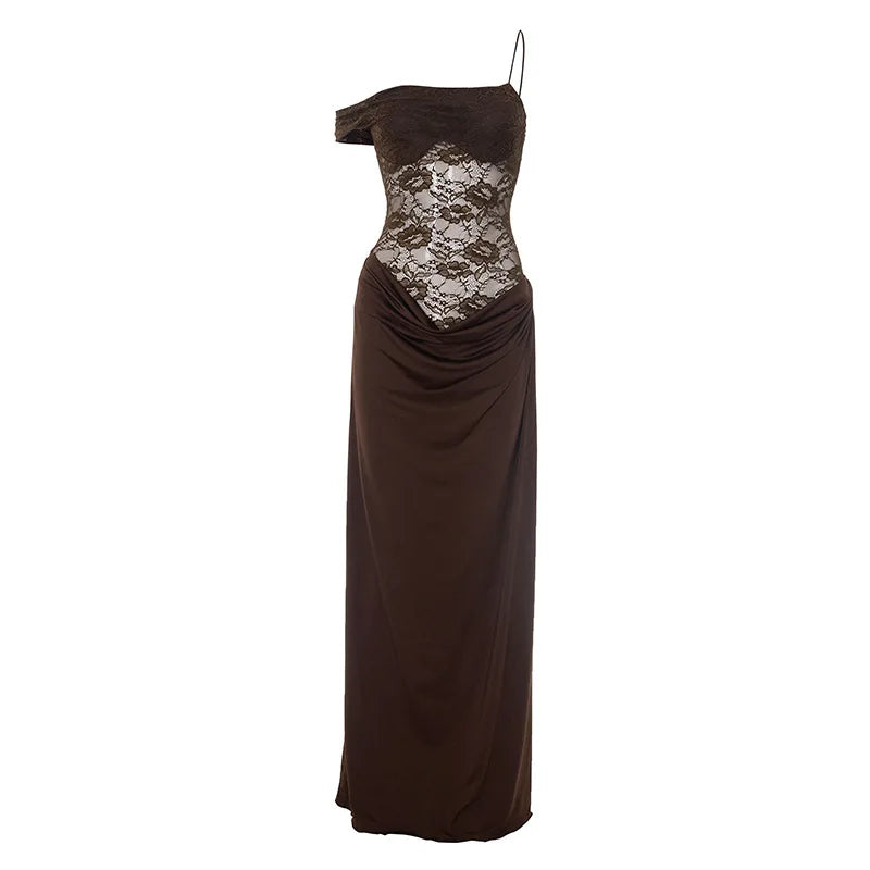 XIAOTANG One Shoulder Lace See Through Sexy Maxi Dress Women Gown Fashion Off-shoulder Sleeveless Backless Club Long Dresses