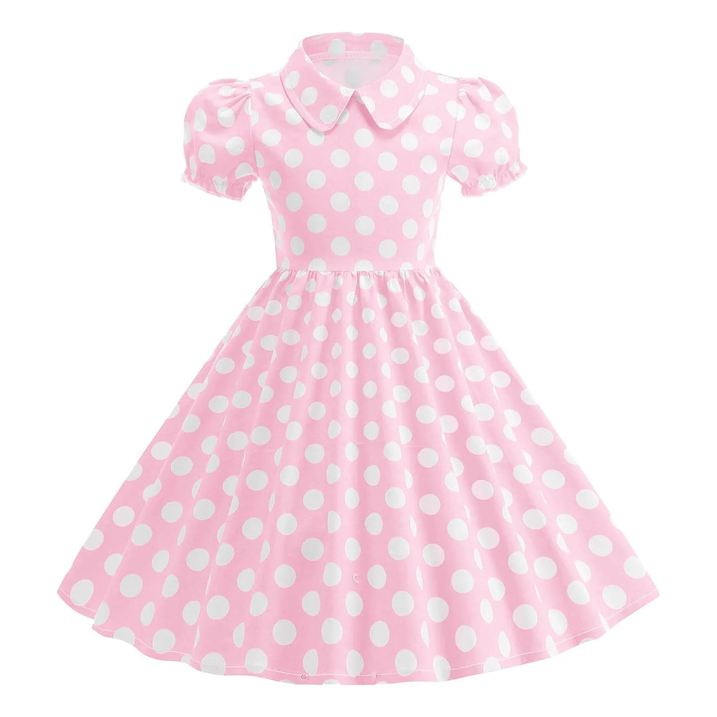 Girls Vintage Polka Dot Summer Dresses Elegant 50s Turn Down Collar Short Sleeve Princess Cocktail Dress Children'S Clothing