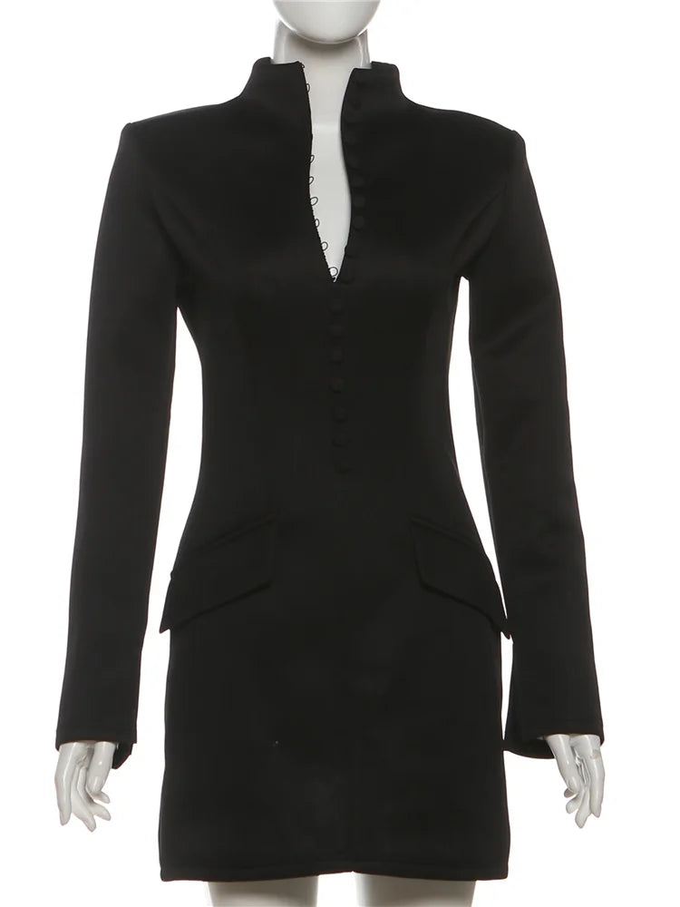 Cutenew Women Trend Elegant Office Dress Autumn Single Breasted Stand Collar Simple Solid Street Commute Skinny Suit Bodycon