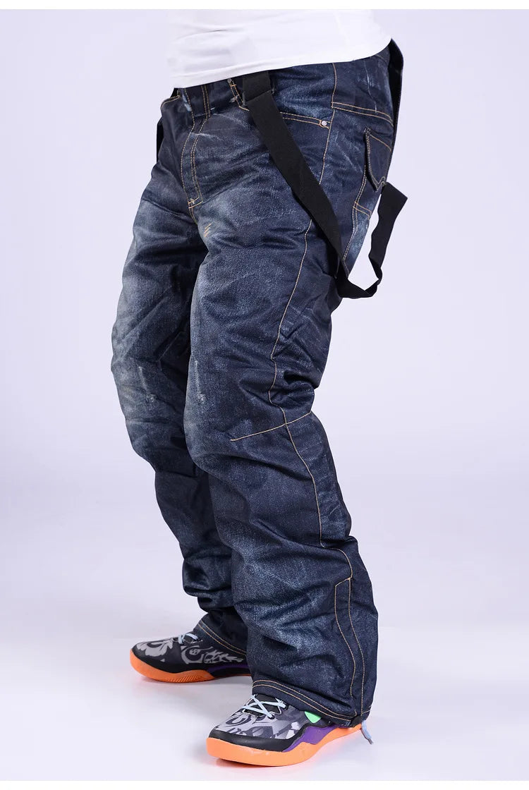 style denim ski pants suspenders denim ski pants men's skating snowboard waterproof, windproof and warm ski pants
