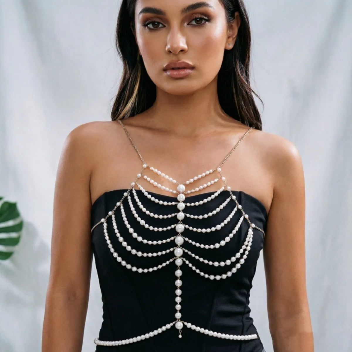 Elegant Simulated Pearl Beaded Halter Waist Chest Chain For Women Summer Beach Club Party Pearl Beads Body Chain Body Jewelry