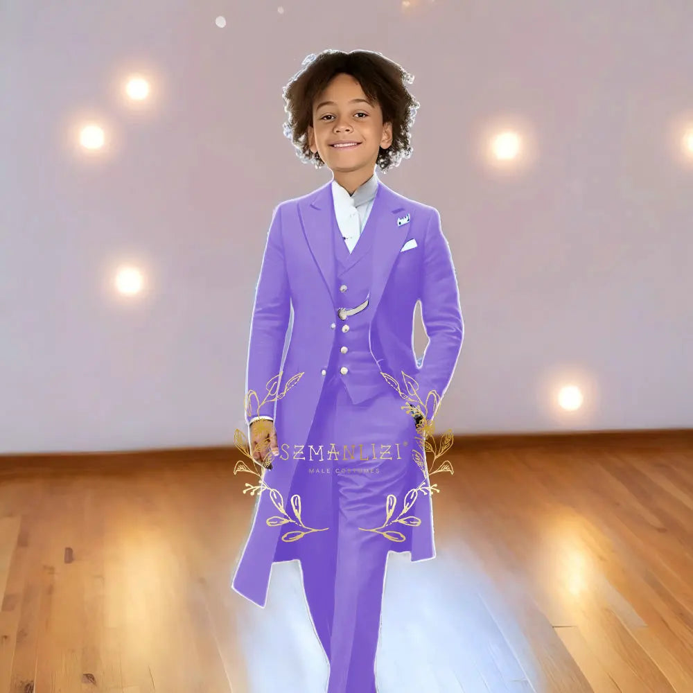 Children Formal Tuxedos Boys Suit Light Grey Long Jacket Vest Pants Sets for Piano Performance Birthday Party Costume Tailored