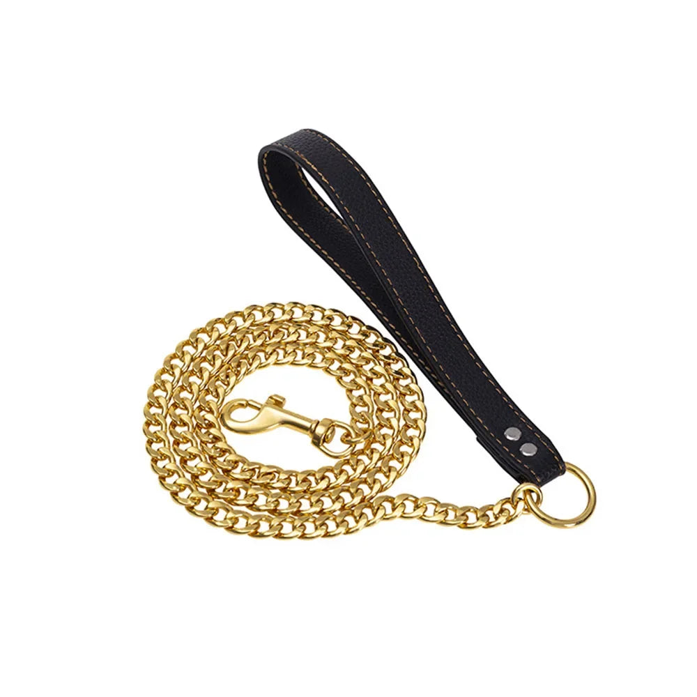 Stainless Steel Gold Chain Dog Leash Metal Chew Proof Heavy Duty Dog Leash Chain with Leather Padded Handle for Large Medium Dog
