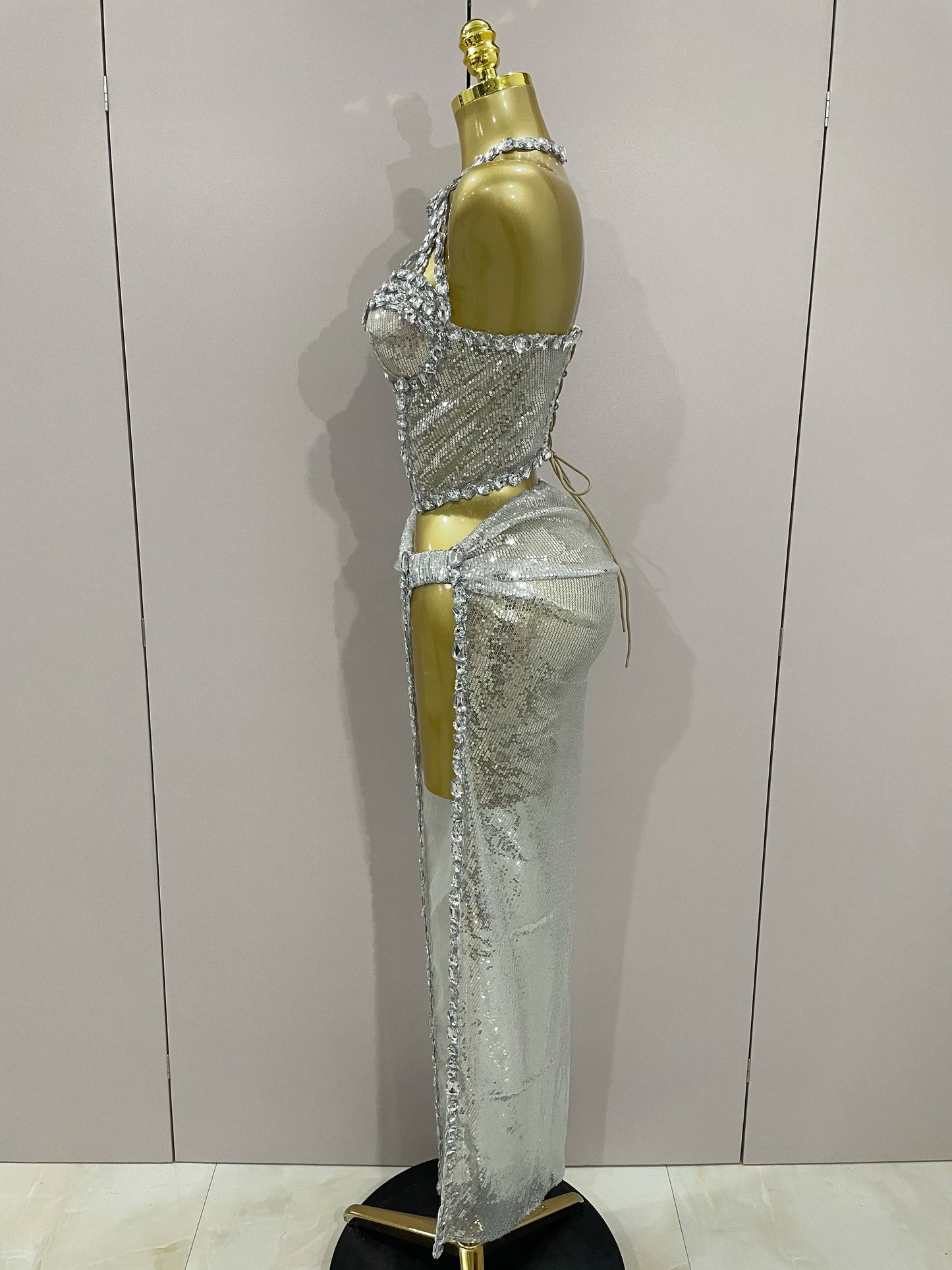 Sexy Luxury Shiny Diamond Sequins Cocktail Dress 2Pcs Set 2025New Women Evening Celebrate Birthday Party Nightclub Stage costume