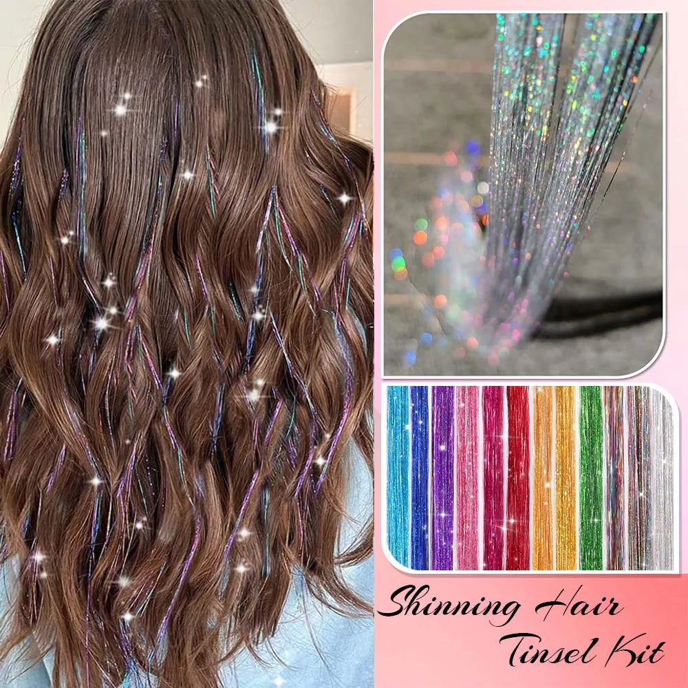 12pcs Synthetic Hair Tinsel Kit Heat Resistant Sparkling Shiny Tinsel Hair Fairy hair 12 Colors Tinsel Strands Highlights