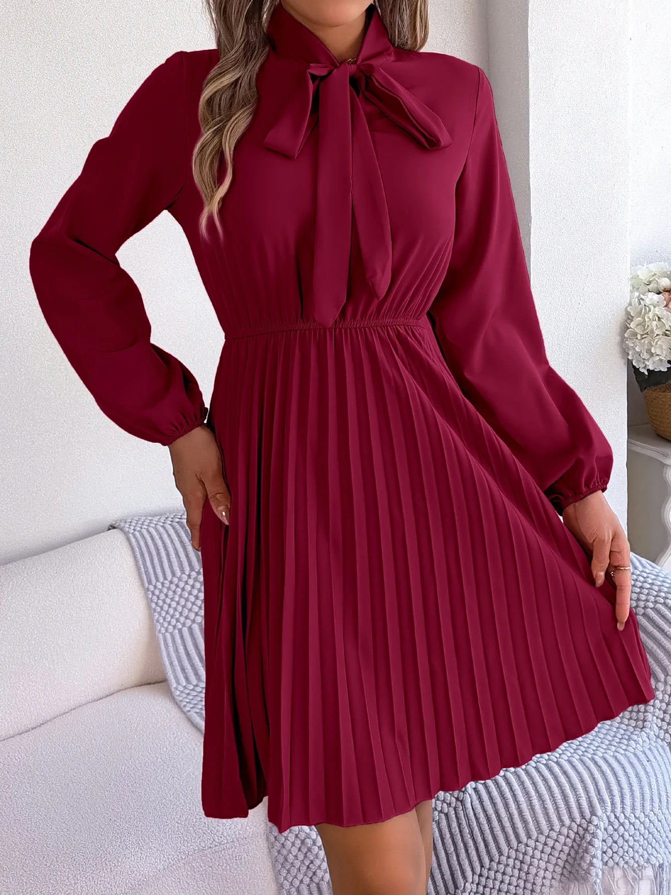 Women Fall Vacation Elegance V Neck Solid Tie Waist Ruffle Hem Pleated Midi Dress Long Sleeve Wedding Dress