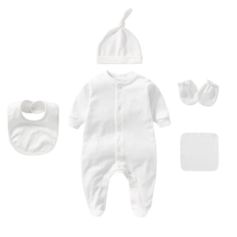 Unisex Baby Clothing Set with Jumpsuit Hat Bib Gloves Towel 5-Piece Solid Color Cotton Collection for Newborns to 6 Months