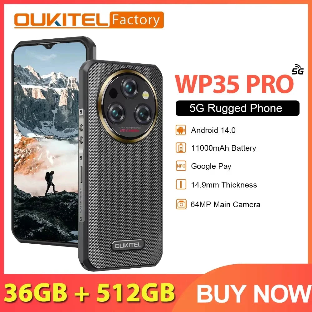 Oukitel WP35 Pro Rugged Smartphone 5G 6.6" 2.4K Display MediaTek Dimensity 6300 Mobile Phone 12GB+512GB 11000mAh 64MP Android 14