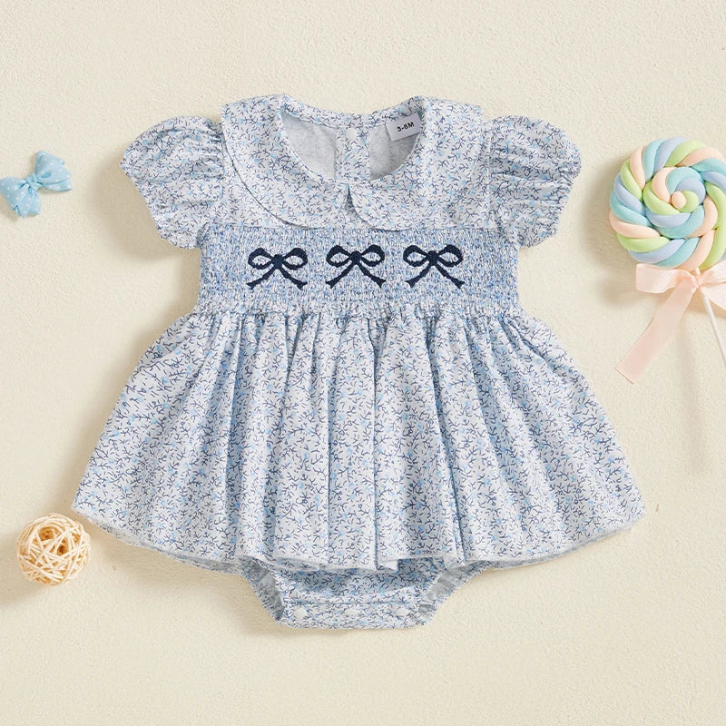 Baby Girls Summer Romper Dress Short Sleeve Bow Embroidery Floral Print Sweet Romper Baby Clothing