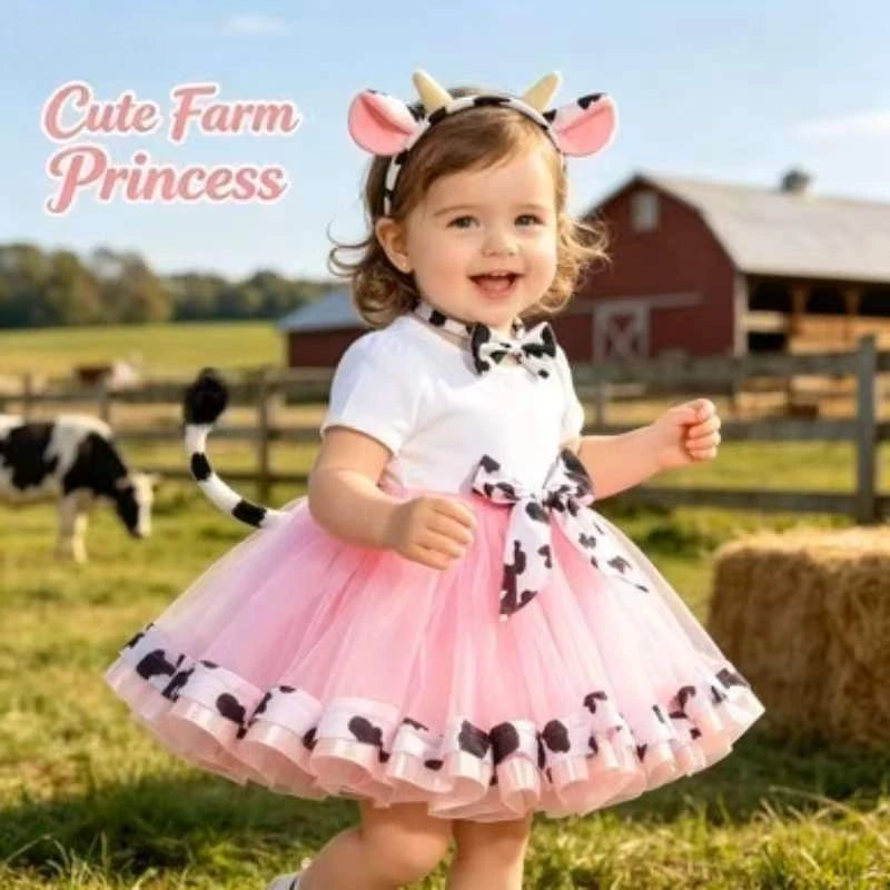 Girls' Short Skirt Midi Skirt Double-Layer Mesh Tutu Skirt,Cow Four-Piece Set Animal-Themed Dress, Halloween Performance Costume