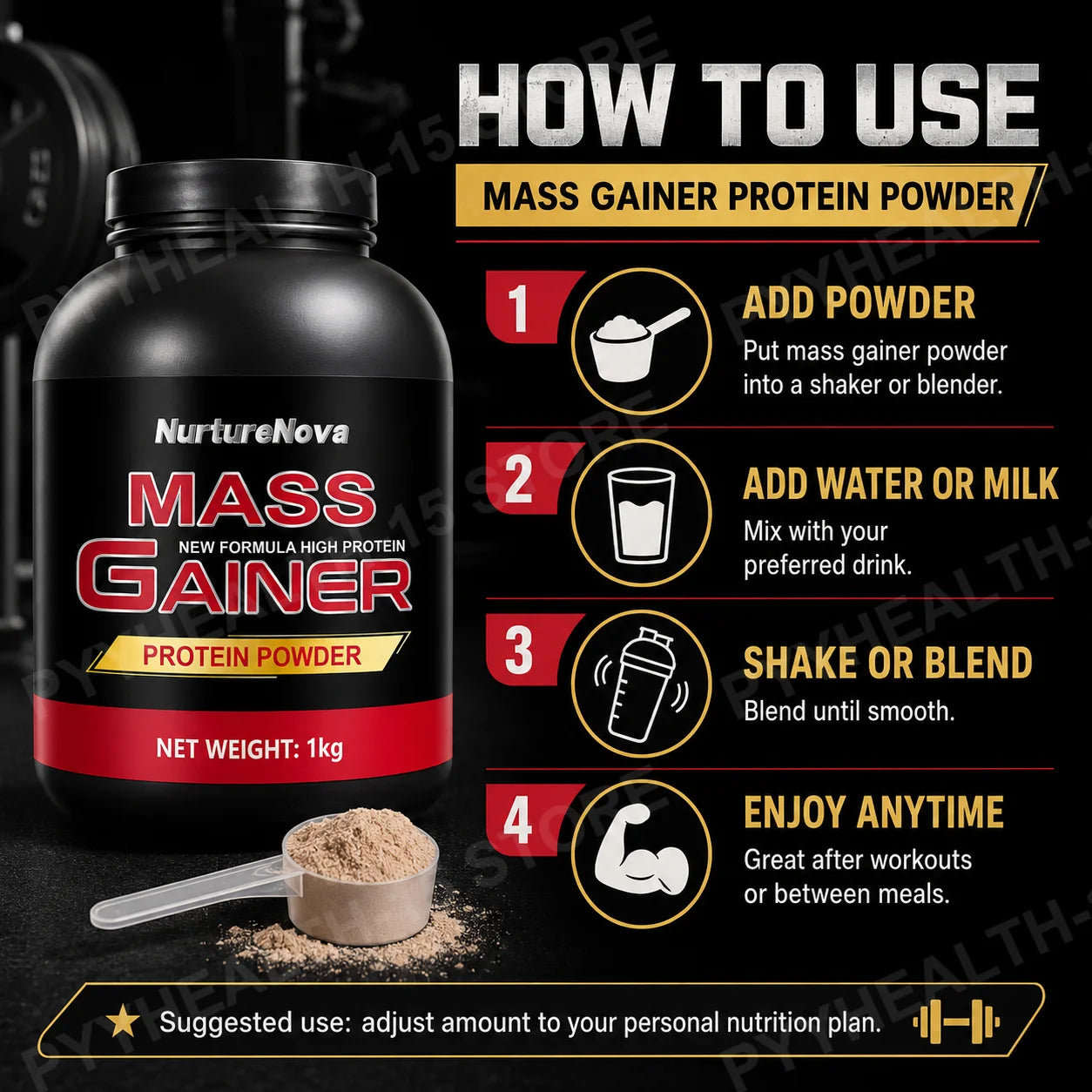 Mass Gainer Protein Powder 1kg Chocolate Flavor, Carb Protein Shake Mix for Adults Fitness Nutrition, Approx 20 Servings