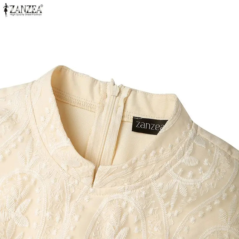 ZANZEA Elegant Women's Wedding Guest Party Midi Dress Embroidered Mesh Patchwork Stand Collar Cap Sleeve Dresses Woman Clothes