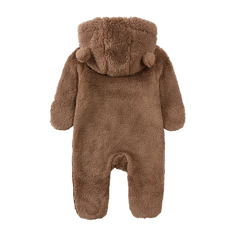 2025 Warm Footed Baby Romper Zipper Closure Fall Newborn Bear Ear Hooded Fuzzy Onesie Outfit Infant Boys Girls 100 Days Jumpsuit