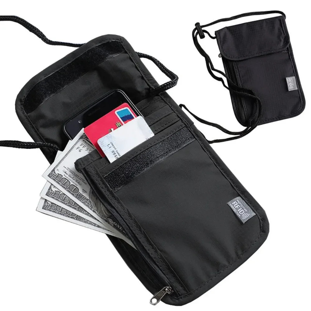 Waterproof RFID Nylon Travel Document Bag - Neck Wallet Money Pouch for Passport Cards - Storage Bag for Travel Essentials