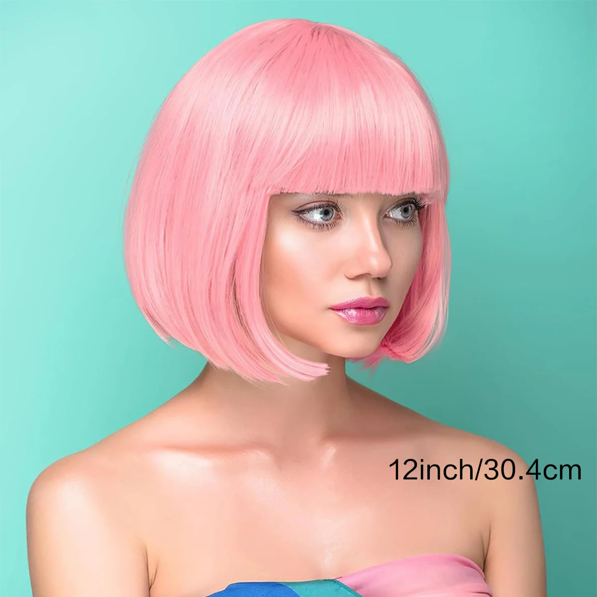 12 Inch /30 cm Fashion Lady Short Straight Synthetic Flat Bangs Bob Wig (Pink Pale)