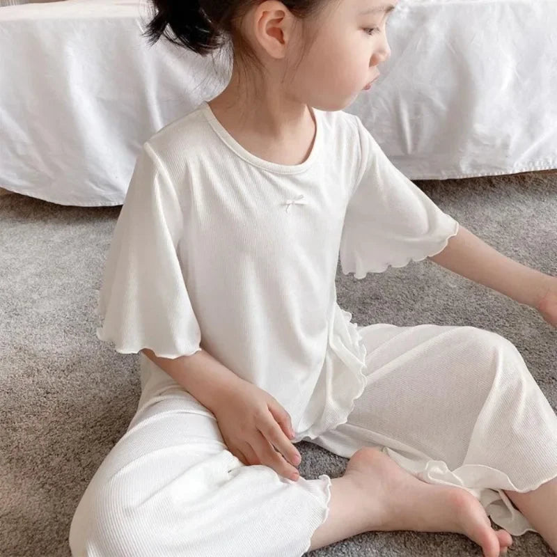 Girls Ice Silk Set Thin Children Homewear Clothes Summer Kids Air Conditioning Short Sleeve Children Sets Girl Pajamas Outfit