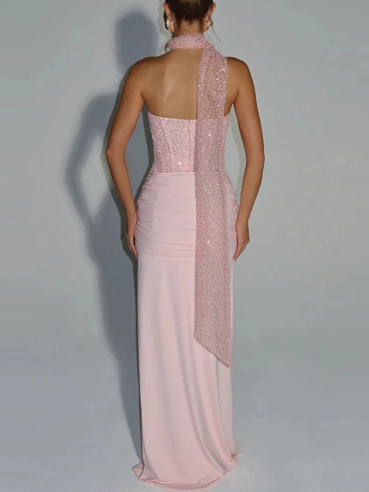 Women's Sexy Strapless Sleeveless Evening Dress Fashion Waist Slim Solid Wedding Dress Elegant Sequins Splicing Pleat Long Dress