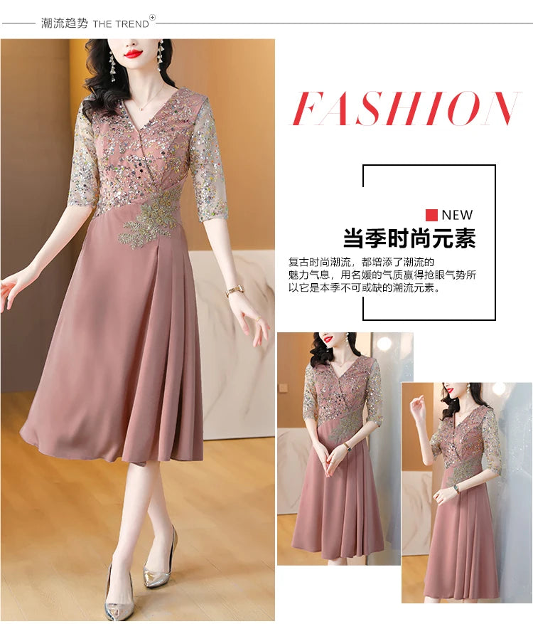 Summer New Sequins Luxury Chic Evening Wedding Dress 2024 Women's Elegant Bodycon Midi Dress Satin Vintage Casual Party Vestidos