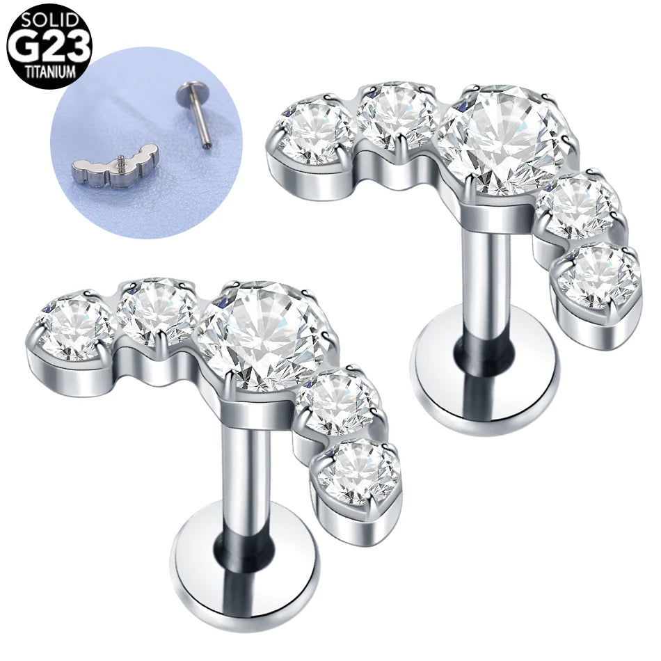 1/5PCS Titanium Ear Studs Cartilage Earrings 5 CZ Stone Labret Ring Stud Helix Cartilage Tragus Piercings Lip Jewelry for Women