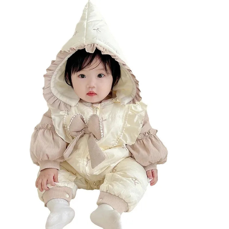2025 New Baby Winter Rompers Thick Cotton Hooded Jumpsuit Cozy Infant Bowknots Ruffle Outerwear for Newborns (0-24 Months)