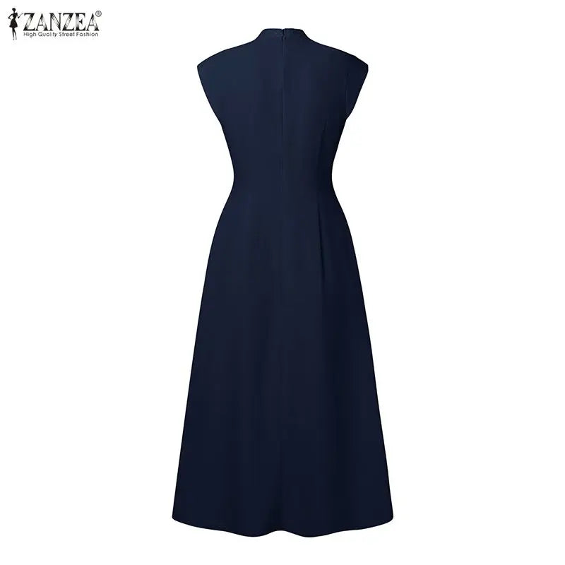 ZANZEA Elegant Women's Wedding Guest Party Midi Dress Embroidered Mesh Patchwork Stand Collar Cap Sleeve Dresses Woman Clothes