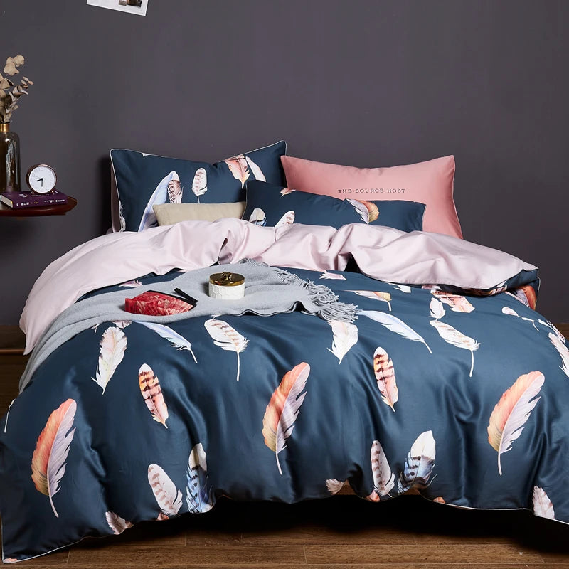 Egyptian Cotton Flower Bird Digital Printing Bedding Sets, Bed Linen Duvet Cover Set, Luxury Bed Sheets, Pillowcase, 600TC, 4Pcs