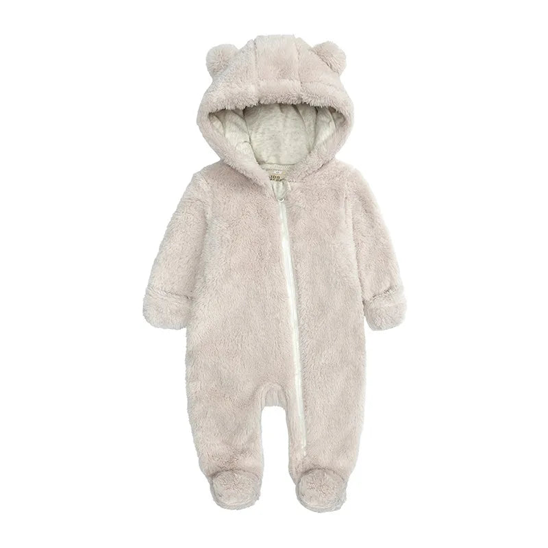 2025 Warm Footed Baby Romper Zipper Closure Fall Newborn Bear Ear Hooded Fuzzy Onesie Outfit Infant Boys Girls 100 Days Jumpsuit