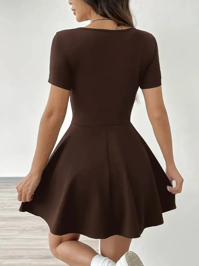 Summer 2025 Brown Knitted Short Casual Dress Mini Skirt Length Polyester Fiber Square Collar Empire Waistline Regular Sleeve